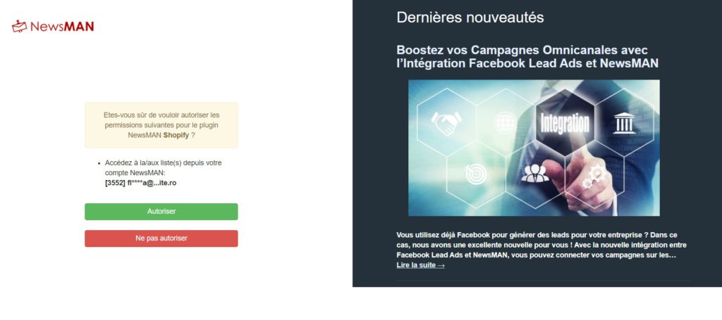 autorisation newsman plugin shopify
